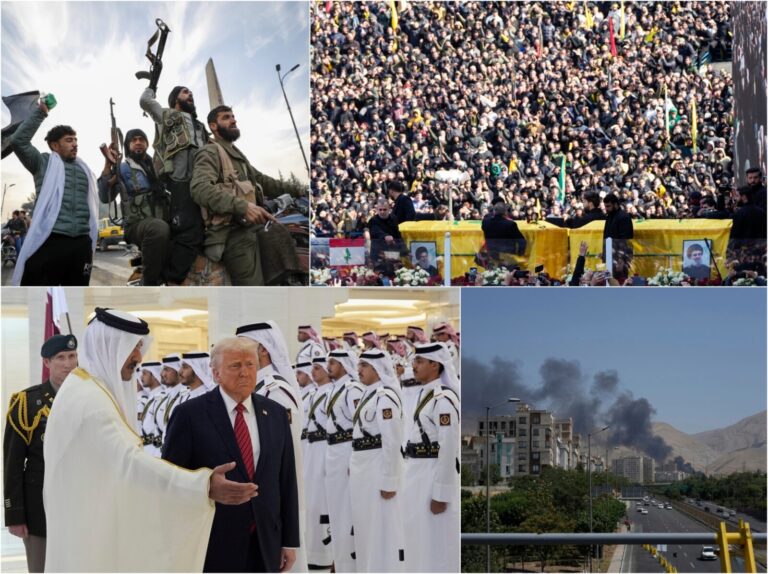 הלווית נסראללה בביירות, חגיגות בדמשק אחרי נפילת אסד, פטריית עשן אחרי הפצצת ישראן בטהרן, הנשיא טראמפ מתקבל בדוחא (צילום: AP, Geytty, Reuters)