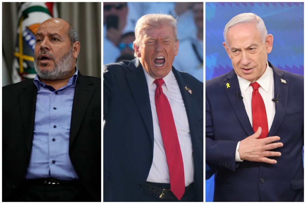ראש הממשלה בנימין נתניהו (מימין), נשיא ארה"ב דונלד טראמפ וראש משלחת חמאס לסיום המלחמה חליל אל-חיה (צילומים: מרק ישראל סלם/ פלאש 90, AP Photo/Steve Helber, Khalil Hamra) ראש הממשלה בנימין נתניהו (מימין), נשיא ארה"ב דונלד טראמפ וראש משלחת חמאס לסיום המלחמה חליל אל-חיה (צילומים: מרק ישראל סלם/ פלאש 90, AP Photo/Steve Helber, Khalil Hamra)