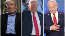 ראש הממשלה בנימין נתניהו (מימין), נשיא ארה"ב דונלד טראמפ וראש משלחת חמאס לסיום המלחמה חליל אל-חיה (צילומים: מרק ישראל סלם/ פלאש 90, AP Photo/Steve Helber, Khalil Hamra)