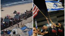 עצרת תמיכה בחטופים בתל אביב (מימין), ועקורים פלסטינים בדרכם לעזה לאחר ההכרזה על הפסקת האש (צילומים: AP Photo/Francisco Seco, Jehad Alshrafi)