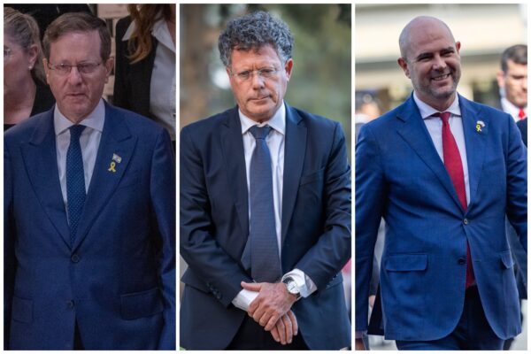 יו"ר הכנסת אמיר אוחנה (מימין), נשיא בית המשפט העליון השופט יצחק עמית ונשיא המדינה יצחק הרצוג (צילומים: יונתן זינדל, חיים גולדברג/ פלאש 90)
