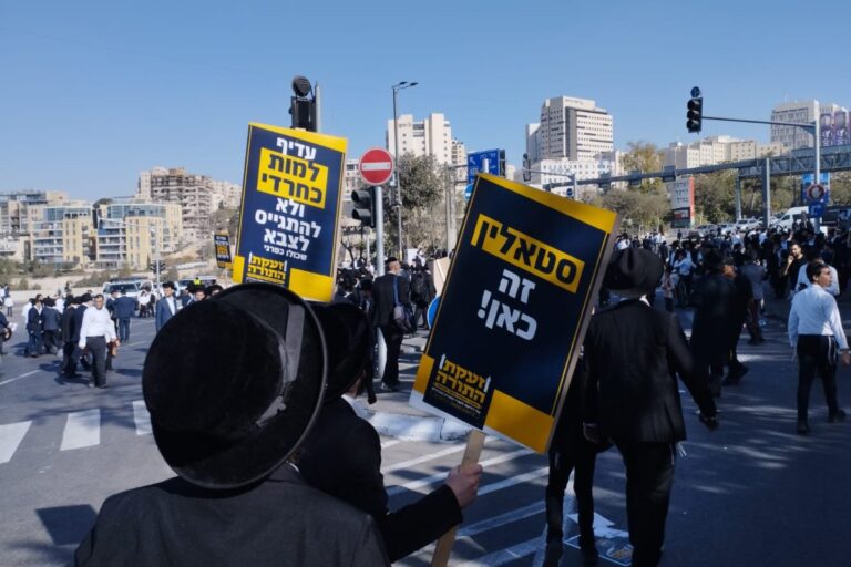 שלטים בעצרת החרדים נגד הגיוס "סטאלין זה כאן", "עדיף למות כחרדי ולא להתגייס לצבא" (צילום: יובל לקח)