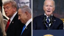 ג'ו ביידן (מימין) בנאומו לאחר פרוץ המלחמה בישראל, ודונלד טראמפ עם ראש הממשלה נתניהו בביקורו בכנסת (צילומים: AP Photo/Evan Vucci, אור גואטה)