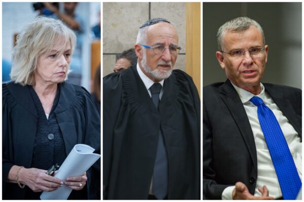 שר המשפטים יריב לוין (מימין), השופט אשר קולה והיועצת המשפטית לממשלה גלי בהרב-מיארה (צילומים: אבשלום ששוני, דוד כהן ויונתן זינדל/ פלאש 90)