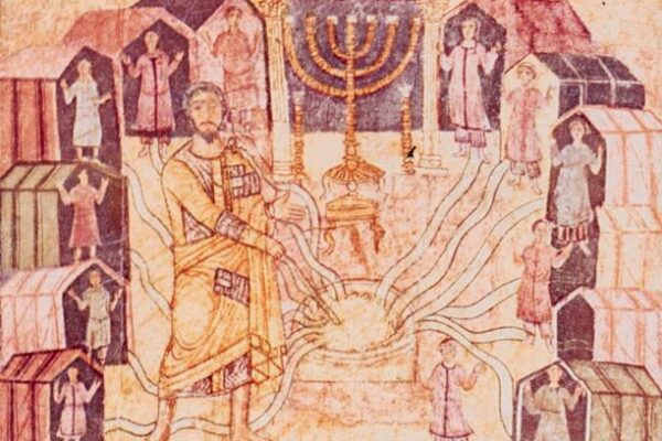 משה מוציא מים מסלע, מוקף ב-12 אהלים, ומעליו אוהל מועד (ציור מבית הכנסת הקדום בדורה אורופוס, סוריה)