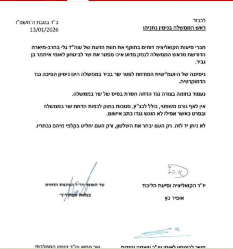 צילום מסך של מכתב ששלחו ראשי הקואליציה לראש הממשלה, שבו הם מביעים את התנגדותם לפיטוריו של בן גביר על ידי בג"ץ