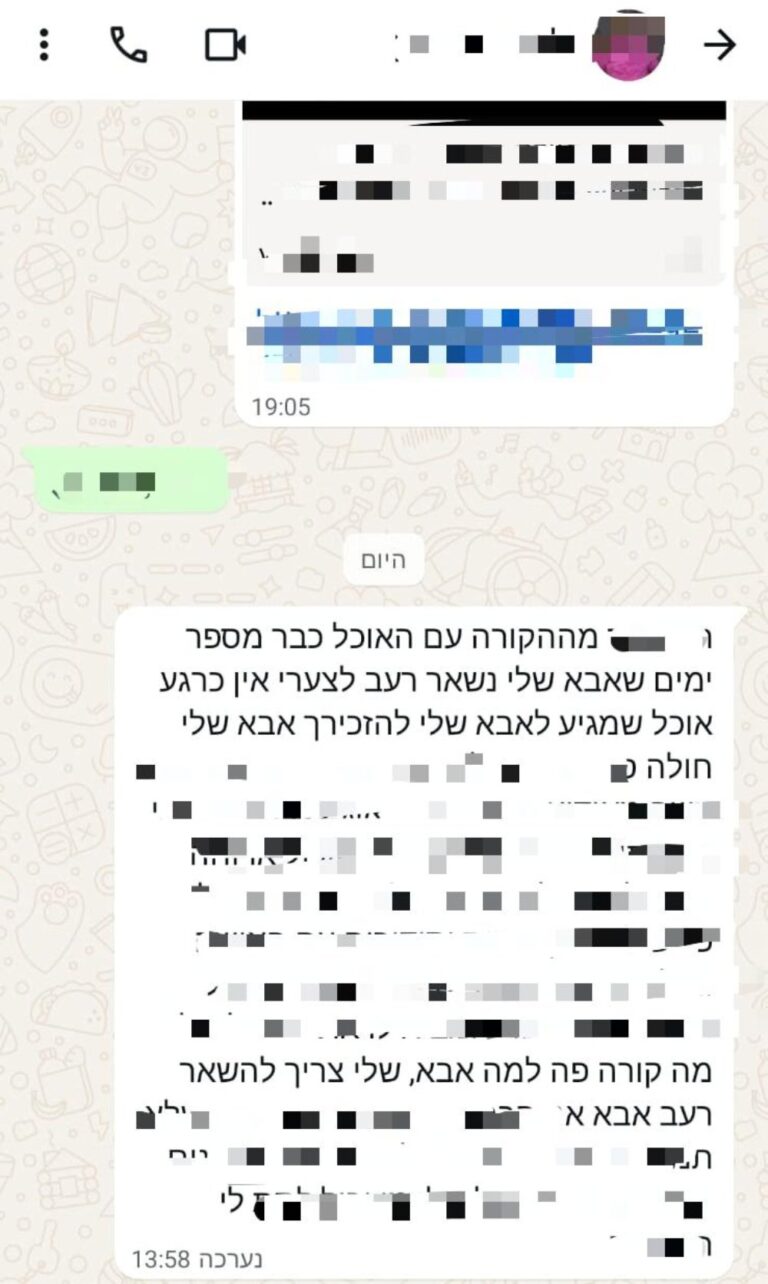 הודעה בוואטסאפ: בנו של קשיש שלא קיבל מזון (צילום: אלבום פרטי)