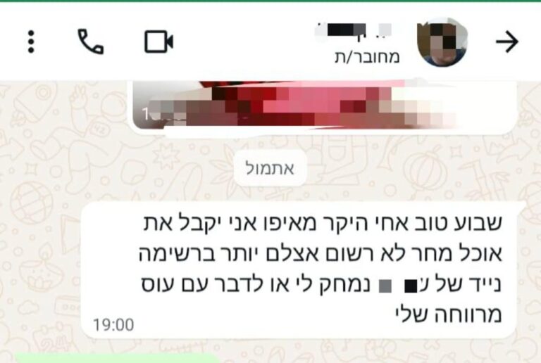 הודעת וואטסאפ של קשיש בבית שאן שלא קיבל מזון (צילום: אלבום פרטי)