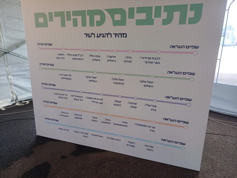 לוח מסלולים של קווי הנתיבים המהירים בחניון בשפיים (צילום: אמיתי פרץ)