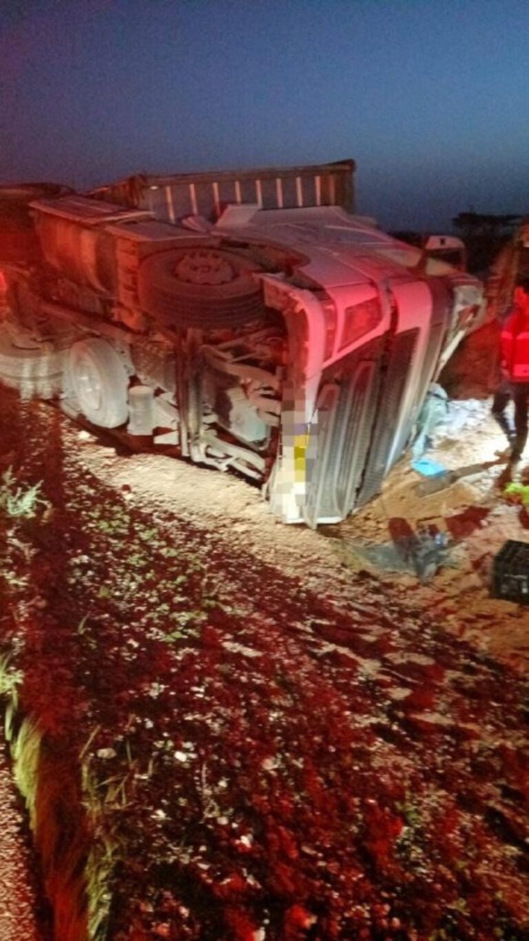 נהג משאית חולץ במצב קשה ממשאית שהתהפכה בכביש 90, סמוך לעידן (צילום: כב"ה)