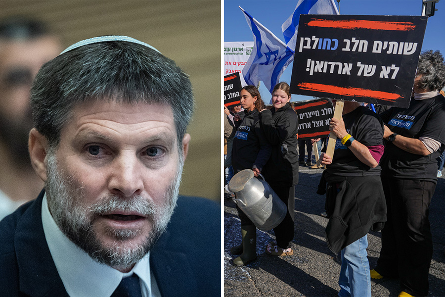חקלאים מפגינים ושר האוצר בצלאל סמוטריץ' (צילומים: פלאש90)