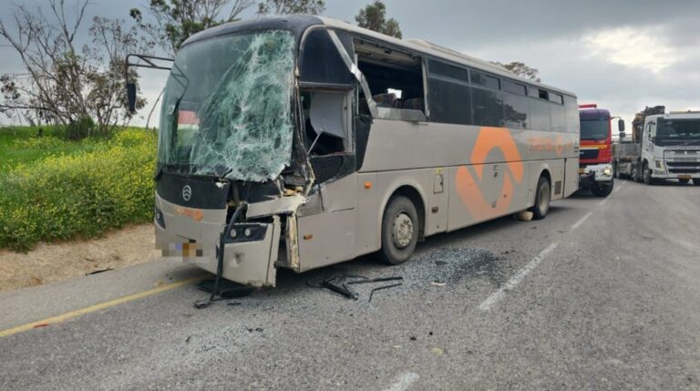 זירת תאונה בין אוטובוס למשאית פסולת בכביש 334 (צילום: כבאות והצלה ארצי)