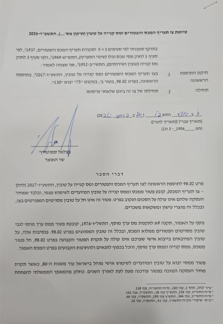 הצו החדש שעליו חתם שר האוצר בצלאל סמוטריץ' (צילום: דוברות משרד האוצר)