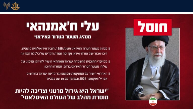 גרפיקה שפרסם דובר צה"ל עם האישור על חיסולו של המנהיג העליון של איראן, עלי חמינאי (צילום: דובר צה"ל)