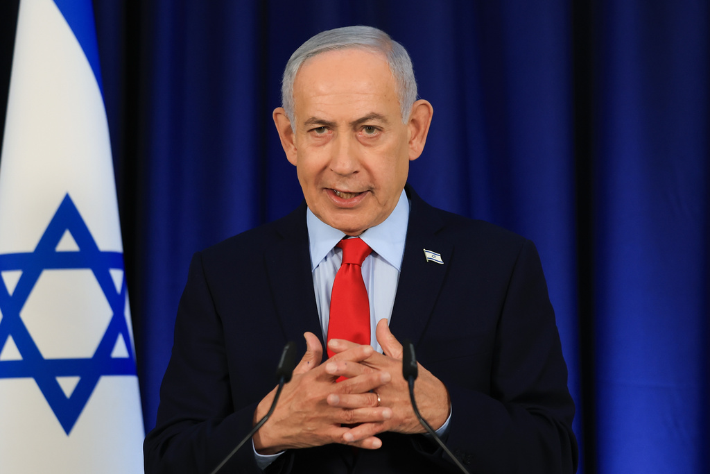 ראש הממשלה בנימין נתניהו במסיבת עיתונאים בנוכחות התקשורת הבינלאומית (צילום: Ronen Zvulun, Pool Photo via AP) ראש הממשלה בנימין נתניהו במסיבת עיתונאים בנוכחות התקשורת הבינלאומית (צילום: Ronen Zvulun, Pool Photo via AP)
