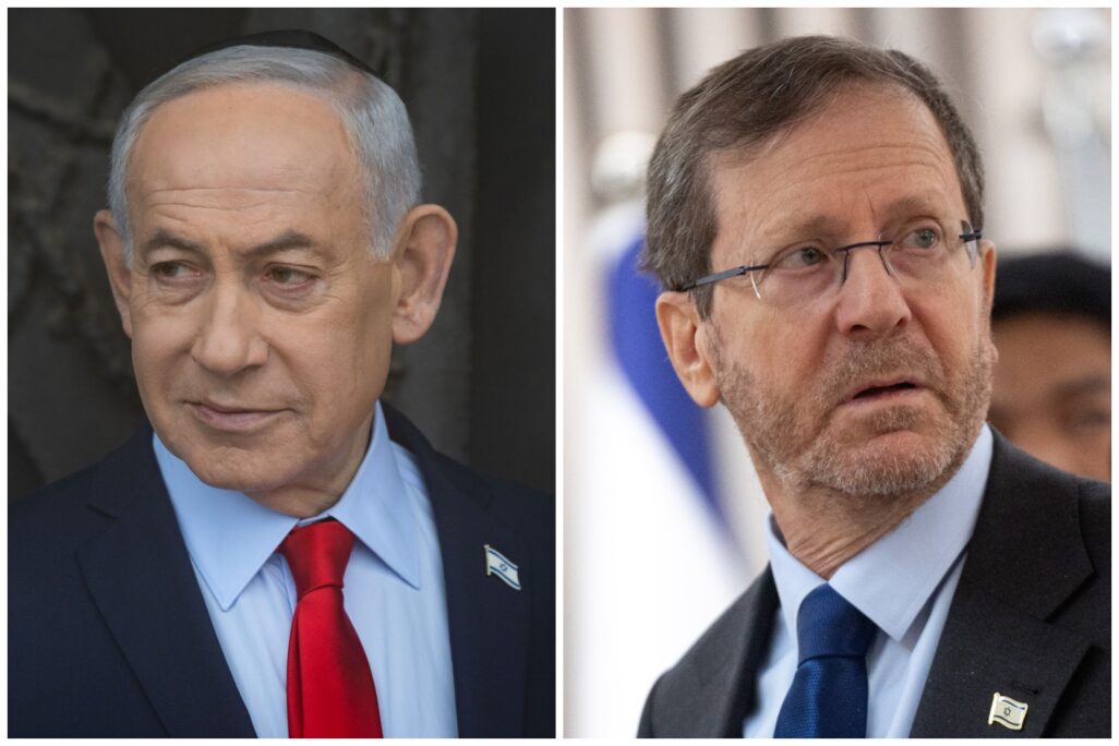 מימין: נשיא המדינה יצחק הרצוג וראש הממשלה בנימין נתניהו (צילומים: יונתן זינדל, חיים גולדברג/ פלאש 90)
