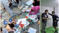 הערכה של מרכז "המעורר" בפעולה. מימין: מתנסים בפעילויות בתוך המקלט. משמאל: ילדים בזמן יצירה וצביעה להפגת מתחים במרחב המוגן (צילום: המעורר)