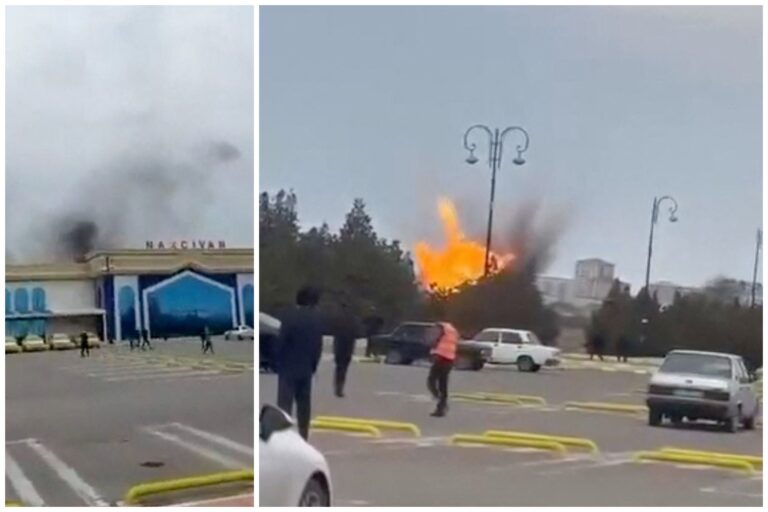 רחפן התפוצץ בנמל התעופה הבינלאומי נחצ'יבאן שבאזרבייג'אן, בצילום מסך מסרטון שפורסם ברשתות החברתיות ב-5 במרץ 2026 (צילום: via REUTERS)