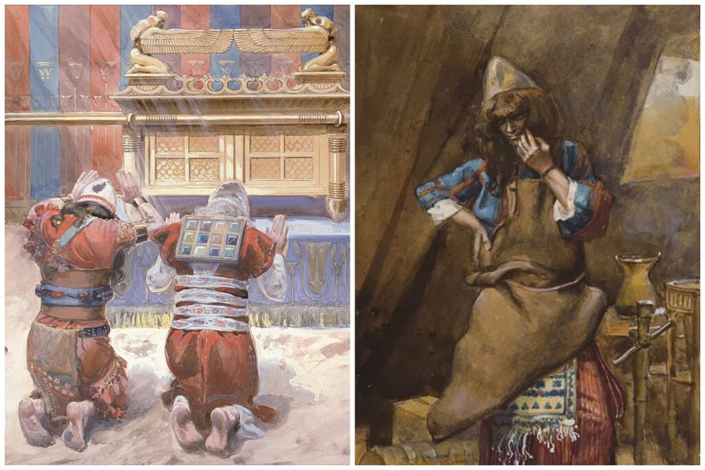 בצלאל בן אורי מתכנן המשכן; משה ואהרן משתחווים בפני ארון הברית במשכן (ציורים: ג'יימס טיסו)
