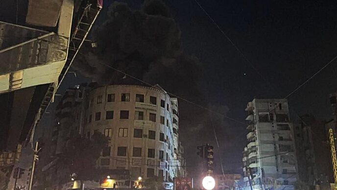 עשן שחור מיתמר מהבניין של ערוץ 'אל מנאר' (צילום: מתוך רשתות חברתיות, שימוש לפי סעיף 27א' לחוק זכויות יוצרים)