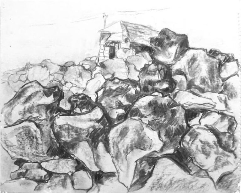 אברהם אילת, צריף בסלעים, שמיר, 1962. פחם על נייר