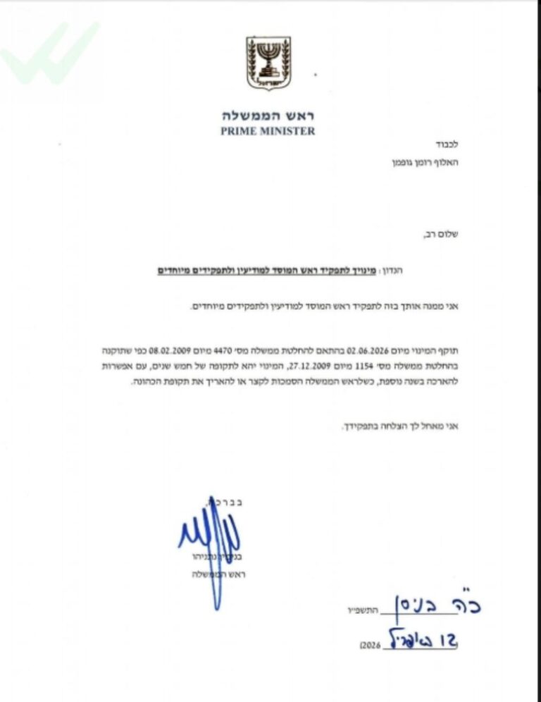 כתב המינוי של ראש המוסד החדש רומן גופמן, עליו חתם ראש הממשלה