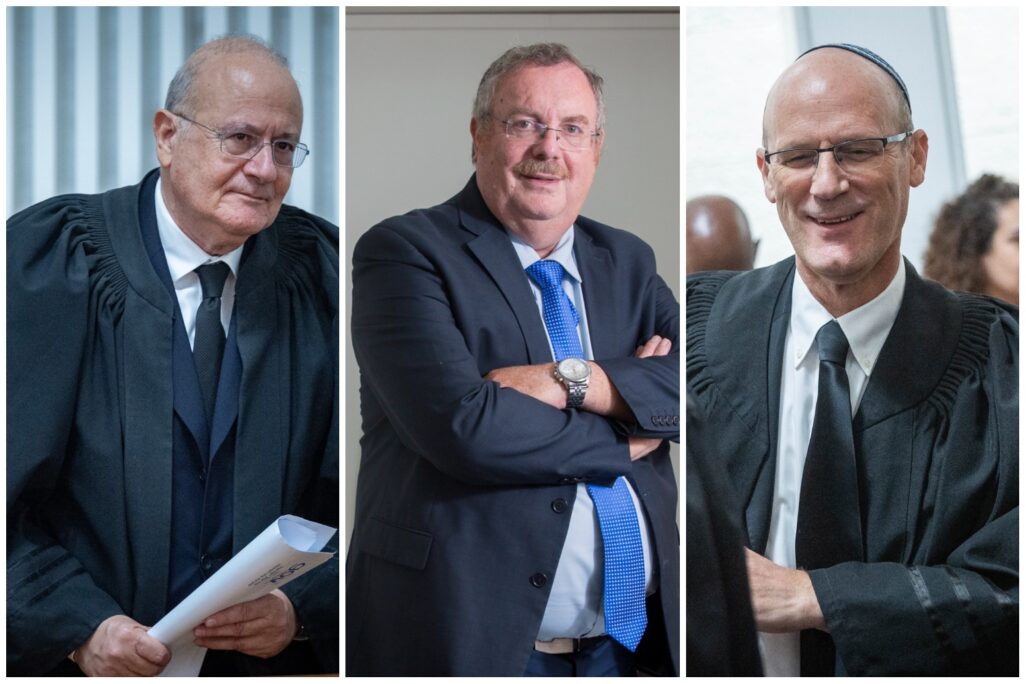 מיכאל ראבילו, פרופ' דניאל הרשקוביץ', השופט בדימוס יוסף אלרון (צילום: יונתן זינדל/ פלאש 90) מימין: מיכאל ראבילו, פרופ' דניאל הרשקוביץ', השופט בדימוס יוסף אלרון (צילום: יונתן זינדל, מרים אלסטר/ פלאש 90)