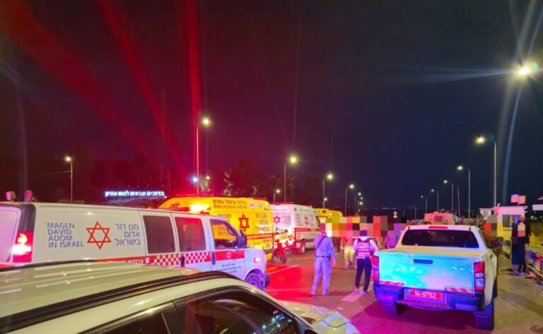 The scene of the car-ramming attack at the Gush Junction – the attacking vehicle, taken after the terrorist was neutralized (Photo: MDA)