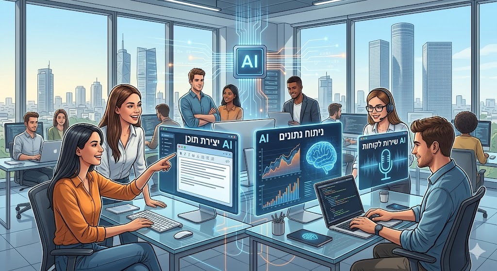 שימוש בבינה מלאכותית במקום העבודה (איור: נוצר באמצעות בינה מלאכותית) שימוש בבינה מלאכותית במקום העבודה (איור: נוצר באמצעות בינה מלאכותית)