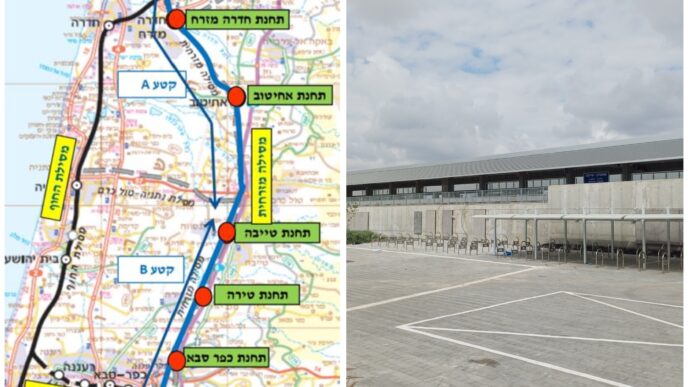 מימין: מבנה תחנת הרכבת החדשה "שומרון-טייבה". משמאל: מפת תוואי פרויקט המסילה המזרחית (צילום: אמיתי פרץ | מפה: מתוך תת"ל 22, מסילה מזרחית, עדכון 2018)