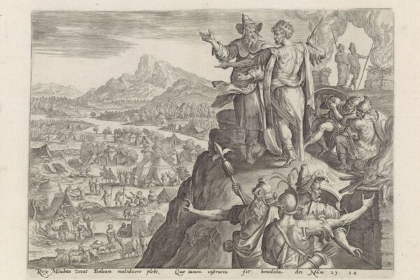 בלעם הנביא ובלק מלך מואב משקיפים על מחנה בני ישראל, מתוך אוסף איורים בלגי מהמאה ה-16 (מקור: רייקסמוזיאום, CC0, via Wikimedia Commons)