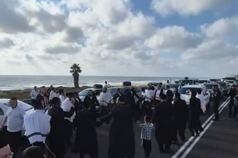 מוחים חרדיים יצאו מרכביהם בשיירה על כביש החוף והחלו לרקוד על הכסיש תוך שהם חוסמים את התנועה (צילום: רשתות חברתיות לפי סעיף 27א')