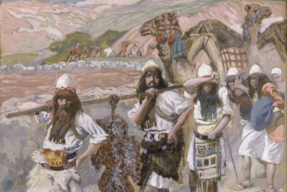 'ענבי כנען', ציור המציג את המרגלים שבים עם פירות הארץ המובטחת (ציור: ג'יימס טיסו)