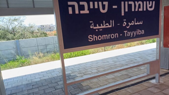 שלט הרציף בתחנת "שומרון-טייבה", אחת משתי התחנות הראשונות אי פעם שהוקמו בשטחה של עיר ערבית (צילום: אמיתי פרץ)