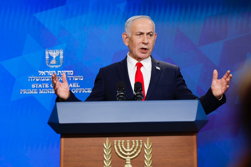 ראש ממשלת ישראל בנימין נתניהו מקיים מסיבת עיתונאים במשרד ראש הממשלה, 15 ביוני 2026. צילום: אוליבייה פיטוסי/POOL