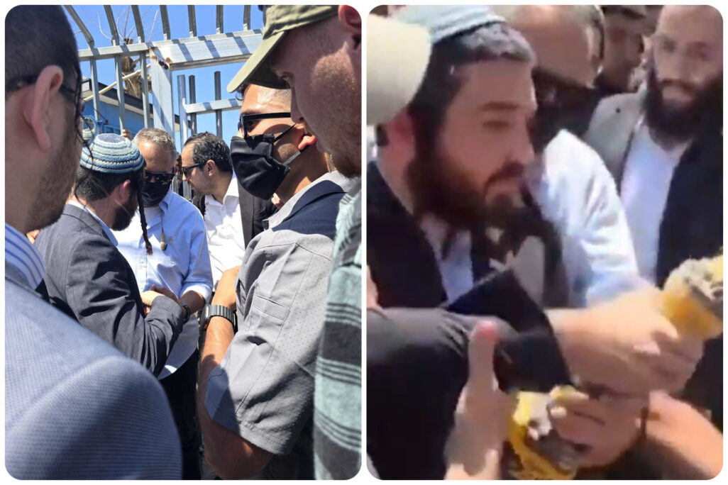 יו"ר ועדת החינוך צבי סוכות שולף מסור בניסיון לפרוץ בית ספר בסיור בטובא זנגרייה; וסוכות בפתח בית הספר הנעול (צילום:רשתות חברתיות)