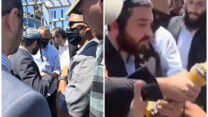 יו"ר ועדת החינוך צבי סוכות שולף מסור בניסיון לפרוץ בית ספר בסיור בטובא זנגרייה; וסוכות בפתח בית הספר הנעול (צילום:רשתות חברתיות)