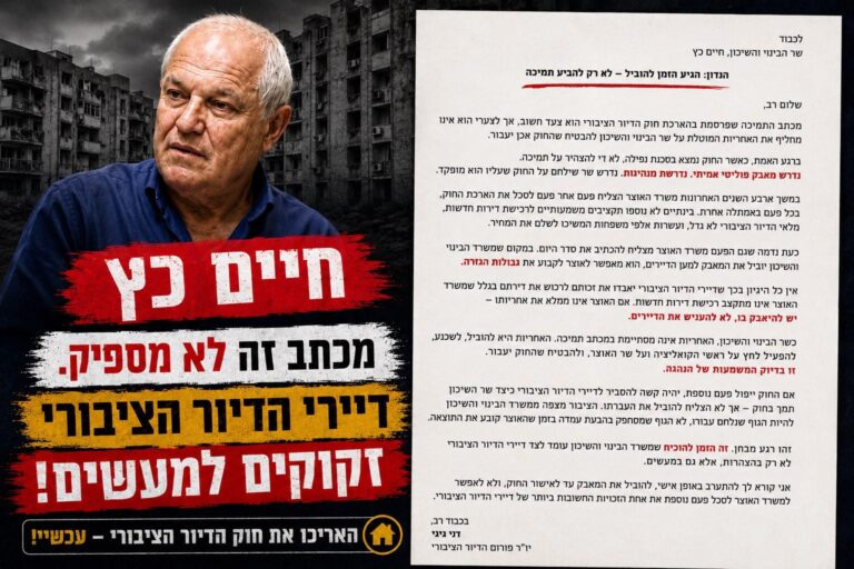 המכתב שהוציא הפורום לדיור ציבורי לשרי האוצר והשיכון בעקבות דחיית הועדה (תמונה: הפורום לדיור ציבורי)