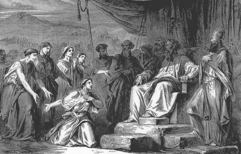 בנות צלפחד עומדות בפני משה (איור מהאוסף The Bible and Its Story Taught by One Thousand Picture Lessons, 1908, מתוך ויקימדיה)
