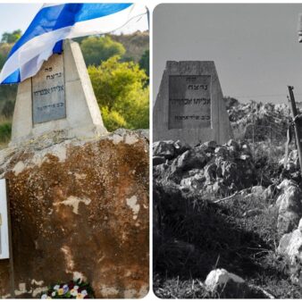 האנדרטה המקורית והמחודש לאליהו אבטיחי. "ברוך לא הספיק לראות את האנדרטה לזכר אביו מוקמת מחדש" (צילום: ארכיון קק"ל, אוריאל לוי)