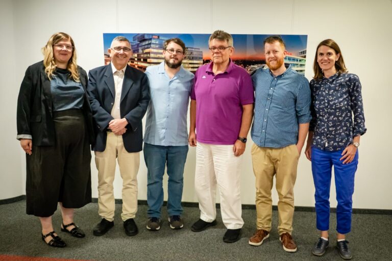 Members of the Histadrut delegation at a meeting with the Austrian Workers' Federation OGB. From right to left: Isabel Orni, Director of International Relations at OGB, Adam Blumenberg, OGB President Wolfgang Katzian, Tomer Reznik, Micky Drill and Adi Marcus. (Photo: OGB)