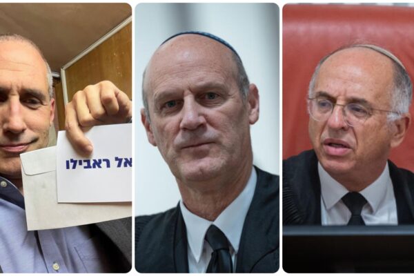 השופט נעם סולברג (מימין); עו"ד מיכאל ראבילו; וח"כ חנוך מילביצקי מצביע לראבילו בתיעוד שפרסם ביום הבחירות למבקר המדינה (צילום: פלאש90, רשתות חברתיות)
