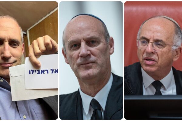 השופט נעם סולברג (מימין); עו"ד מיכאל ראבילו; וח"כ חנוך מילביצקי מצביע לראבילו בתיעוד שפרסם ביום הבחירות למבקר המדינה (צילום: פלאש90, רשתות חברתיות)