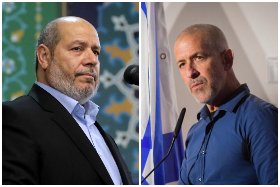 ראש השב"כ לשעבר רונן בר (מימין) וראש הלשכה המדינית של חמאס, ובעברו סגנו של סינוואר, ח'ליל אל-חיה (צילומי ארכיון: אבשלום ששוני/פלאש90, ויקיפדיה/Khamenei.ir)