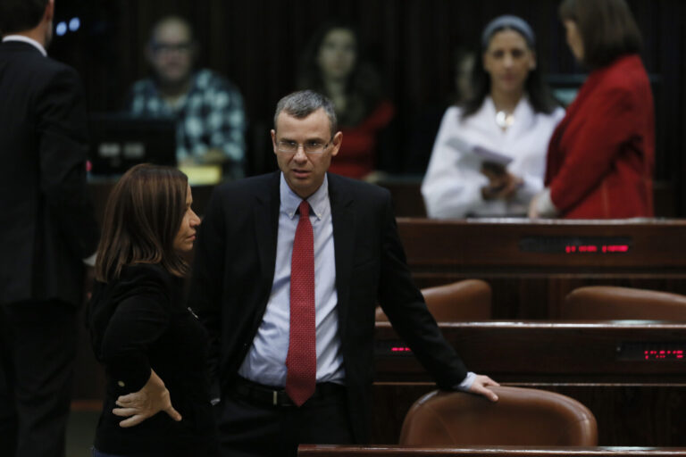 שלי יחימוביץ' ויריב לוין במליאת הכנסת, 2014 (צילום ארכיון: מרים אלסטר/ פלאש 90)