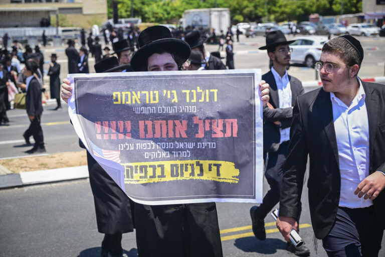 מפגינים נגד יום גיוס למסלולים החרדיים בתל השומר (צילום: אבשלום ששוני/פלאש90)
