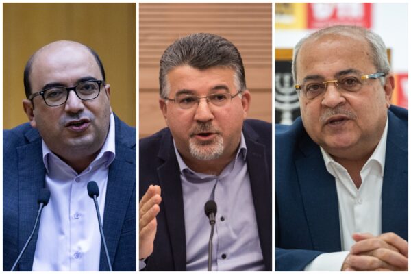 מימין: יו"ר תע"ל אחמד טיבי, יו"ר חד"ש יוסף ג'בארין ויו"ר בל"ד סמי אבו שחאדה (צילומים: יונתן זינדל, הדס פרוש/ פלאש 90)