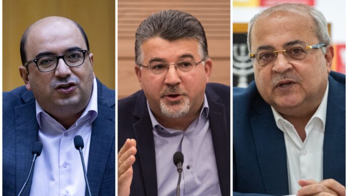 מימין: יו"ר תע"ל אחמד טיבי, יו"ר חד"ש יוסף ג'בארין ויו"ר בל"ד סמי אבו שחאדה (צילומים: יונתן זינדל, הדס פרוש/ פלאש 90)