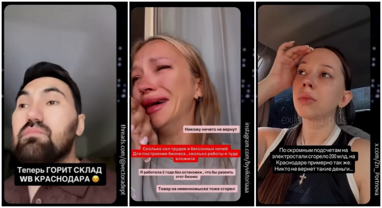 ז'אנה פורטונובה, ויקטוריה טול וויקטור אדפט, שרכושם נפגע בתקיפות המחסנים. "עבור כל אחד מהם זה אסון. מבחינת המדינה אין לזה משמעות" (נערך מצילומי מסך, מתוך עמודי האינסטגרם של המצולמים)