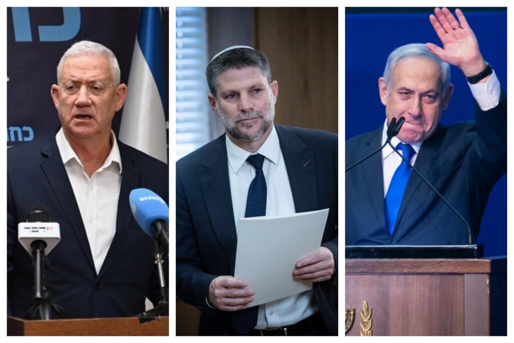 בנימין נתניהו (מימין), בצלאל סמוטריץ' ובני גנץ (צילומים: פלאש90, אור גואטה) בנימין נתניהו (מימין), בצלאל סמוטריץ' ובני גנץ (צילומים: פלאש90, אור גואטה)